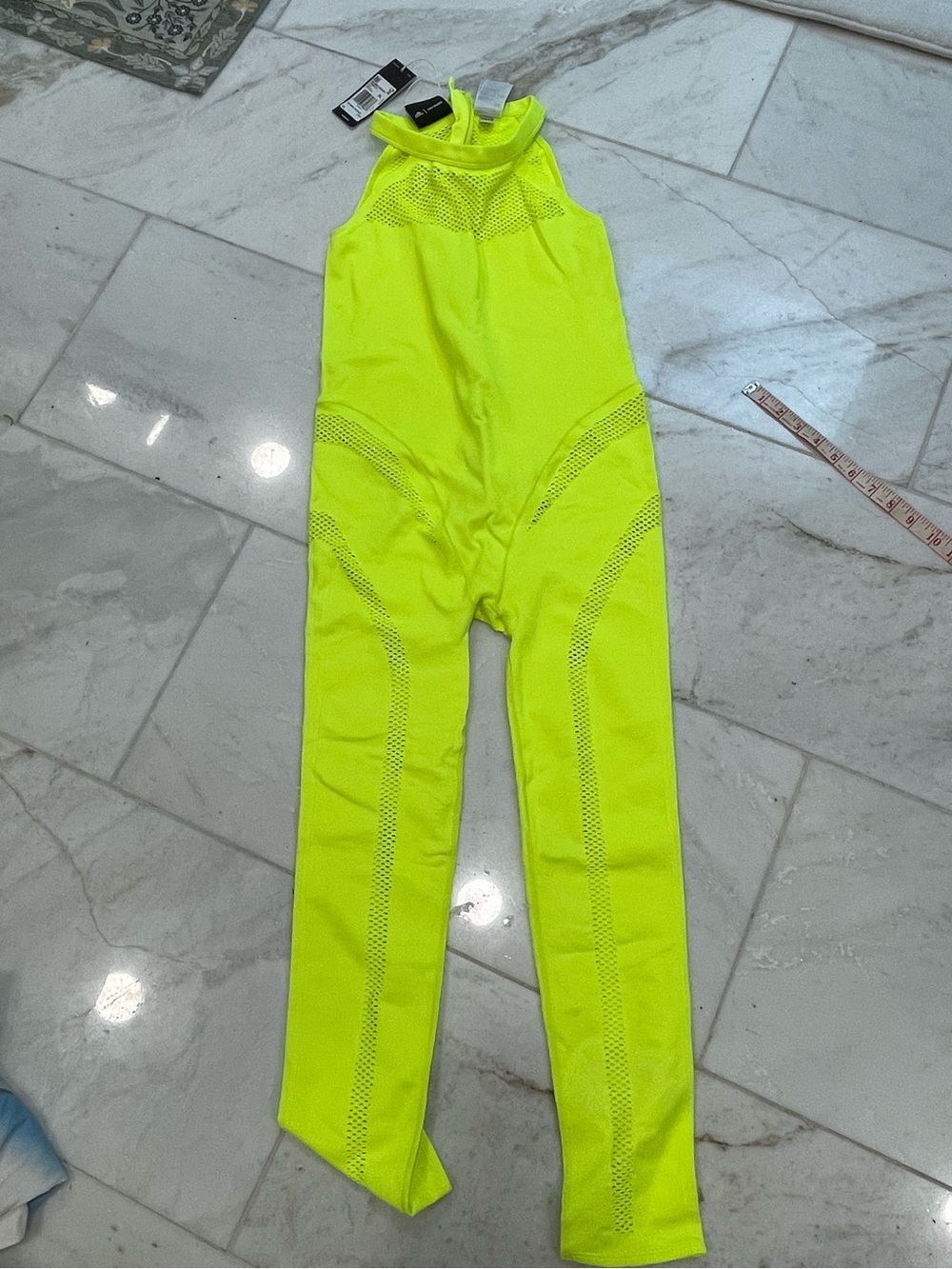 Beyonce Adidas X IVY PARK Neon Yellow Mesh-Panel Halter Jumpsuit size XL - Picture 2 of 15